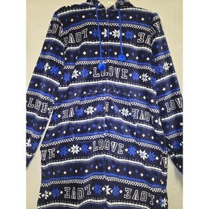 SO Intimates Womens Fleece Pajamas Onesie Hooded XL Navy Love Snowflake